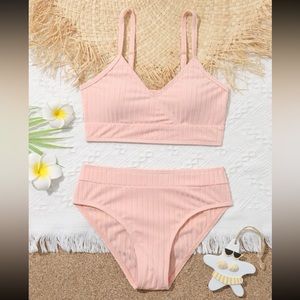 SHEIN Girls Plain Surplice Neck Bikini Swimsuit Pink size 140 9-10Y